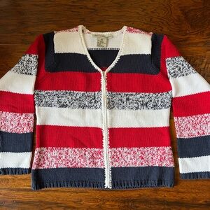 David Brooks Red White Navy Long Sleeve Sweater Zipper Cardigan Size Medium M